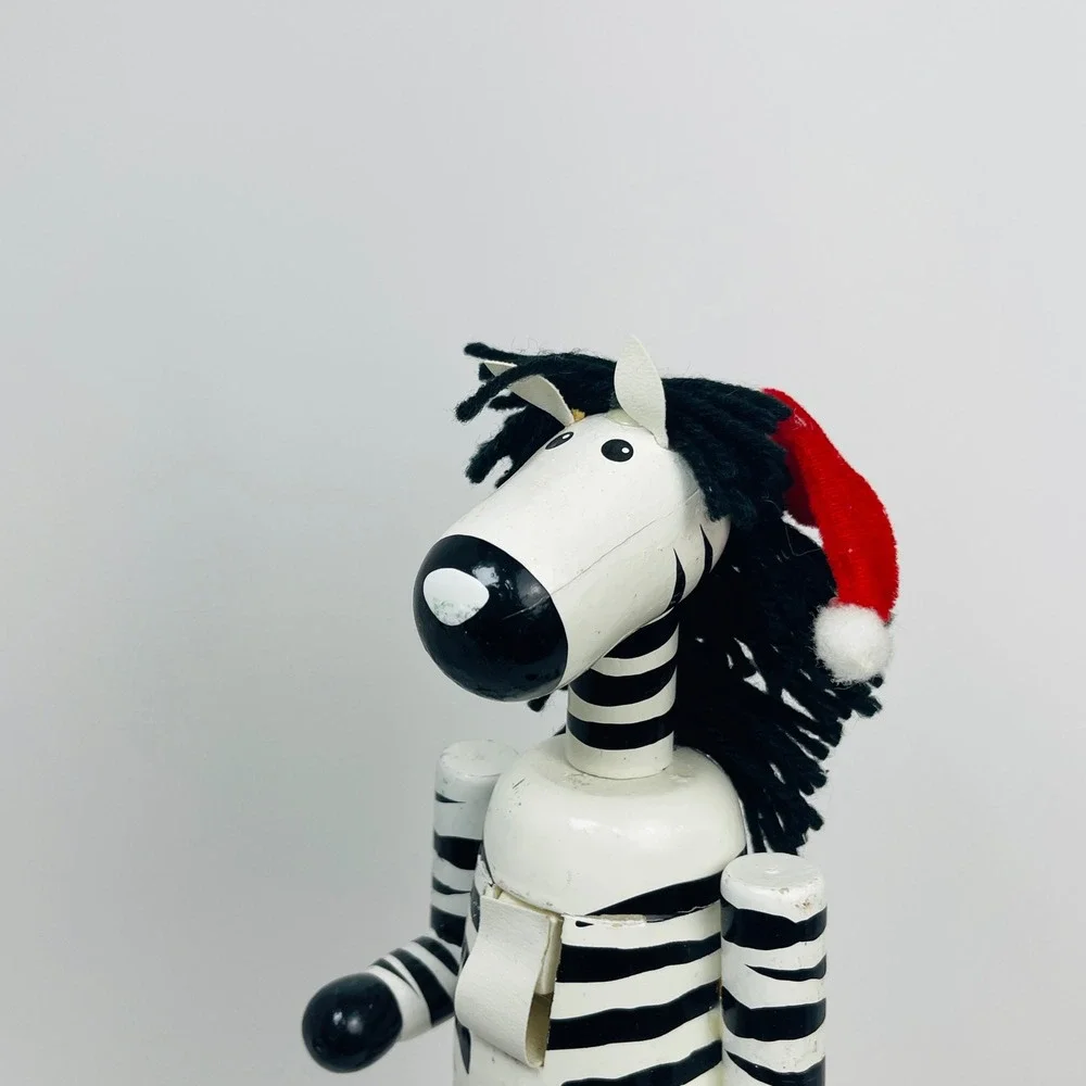 Zebra Wooden Nutcracker Christmas Decor Safari Animal Santa Hat 12 Inch